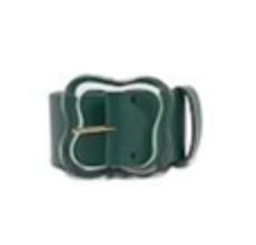 The Lizzie Fortunato Florence Belt features a wide dark green strap and a clover-inspired buckle with a gold prong, shown on a white background.