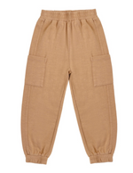 Rylee & Cru Baby Boys’ and Boys’ Cargo Jogger in tan, featuring an elastic waistband and cuffs with two large side cargo pockets, laid flat on a white background.