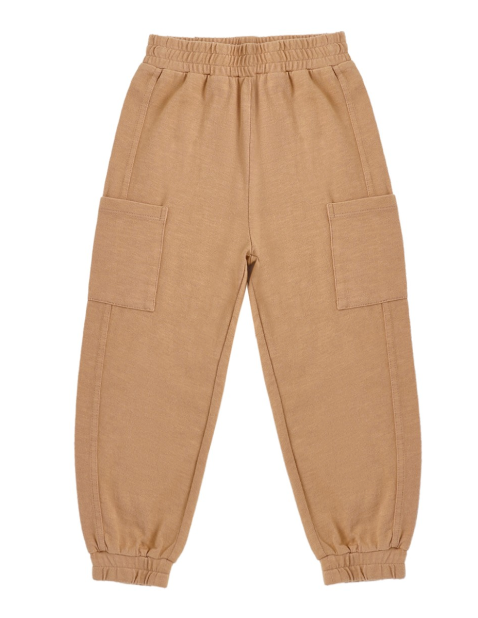 Rylee & Cru Baby Boys’ and Boys’ Cargo Jogger in tan, featuring an elastic waistband and cuffs with two large side cargo pockets, laid flat on a white background.
