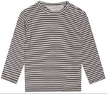 The Baby Rib Stripe Tee by Serendipity is a long-sleeved, organic cotton baby T-shirt featuring grey and white horizontal stripes, a round neckline, and two small snaps on the shoulder. It is GOTS certified for comfort and safety, with the “serendipity” label inside the collar.