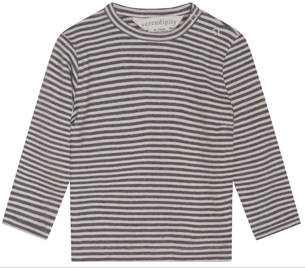 The Baby Rib Stripe Tee by Serendipity is a long-sleeved, organic cotton baby T-shirt featuring grey and white horizontal stripes, a round neckline, and two small snaps on the shoulder. It is GOTS certified for comfort and safety, with the “serendipity” label inside the collar.