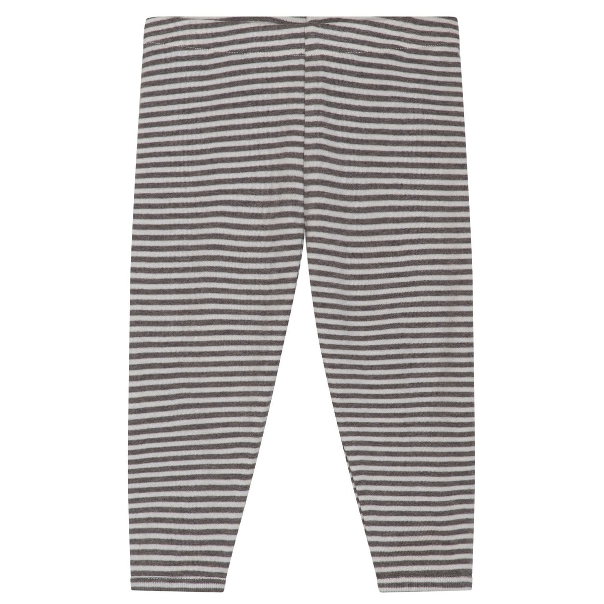 Serendipity Baby Rib Stripe Leggings in gray and white horizontal stripes, made from GOTS certified organic cotton, shown flat on a white background.