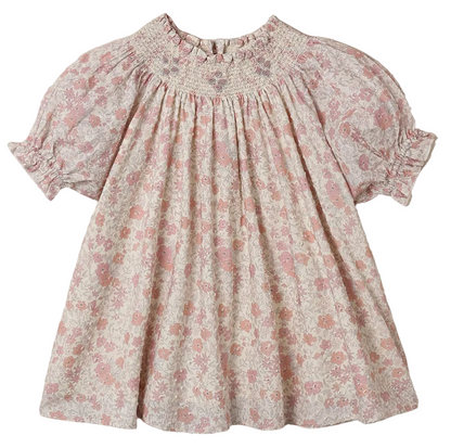 Girls’ Maddie Dress by Noralee—featuring short sleeves, a smocked neckline, and delicate pink floral embroidery on soft swiss dot fabric—displayed against a white background.