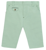 Tartine et Chocolat Baby Boys’ and Toddler Cotton Trousers in light green, designed with belt loops, front pockets, and a small buttoned flap pocket on the right side. Laid flat against a white background, these seaside essentials bring fresh coastal color to your little one’s wardrobe.