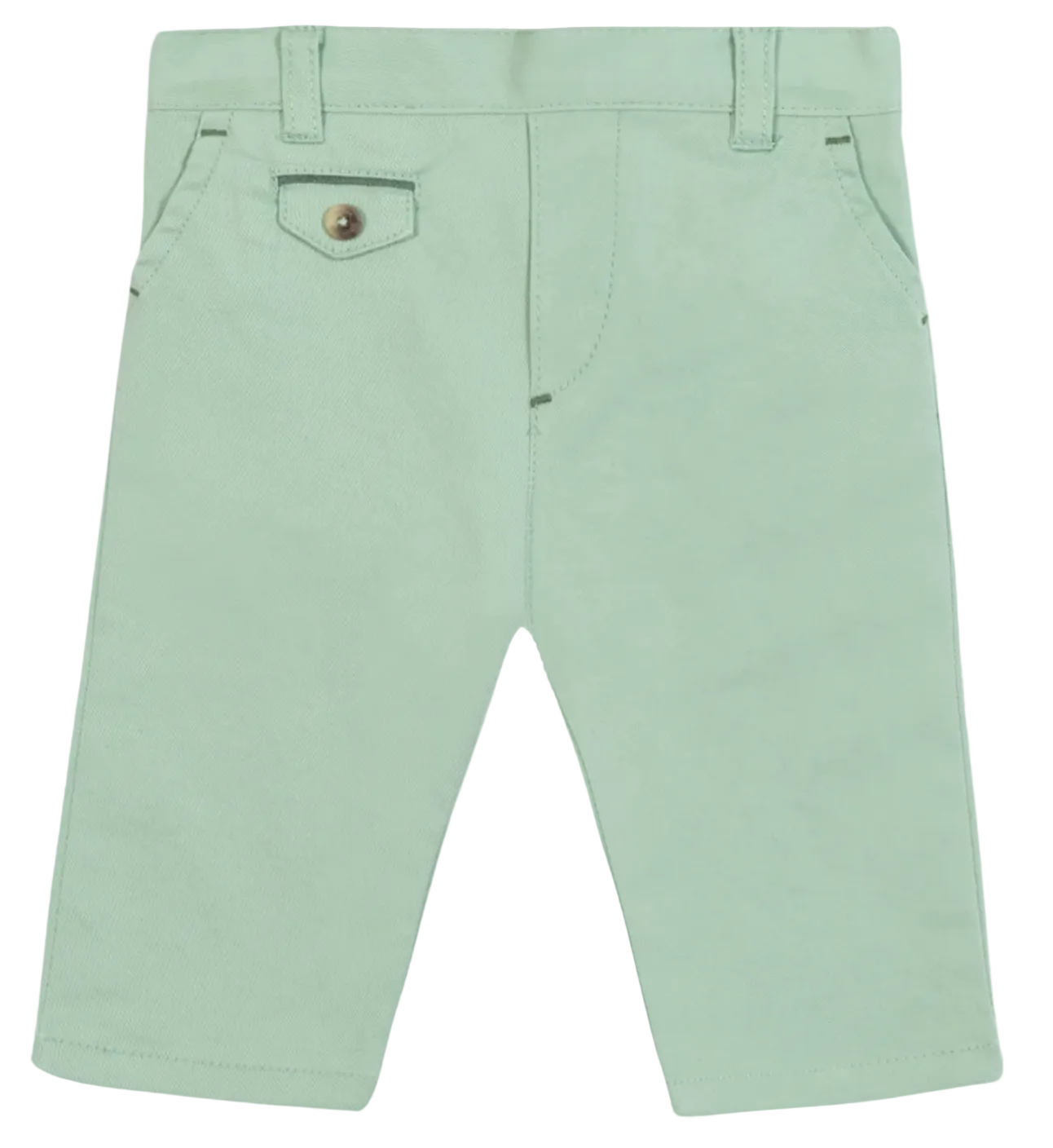 Tartine et Chocolat Baby Boys’ and Toddler Cotton Trousers in light green, designed with belt loops, front pockets, and a small buttoned flap pocket on the right side. Laid flat against a white background, these seaside essentials bring fresh coastal color to your little one’s wardrobe.