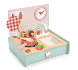 The Tender Leaf Toys Kitchenette features a stove, sink, wooden utensils, condiments, cutting board, clock, and a checkered oven mitt. This charming fold-away set is perfect for portable play and easy storage.