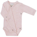 Serendipity’s Newborn Rib Stripe Body Wrap is a long-sleeve, pink and white striped body stocking crafted from organic cotton. With convenient snap buttons along the front and bottom for easy dressing, this GOTS-certified baby clothing choice is shown on a white background.