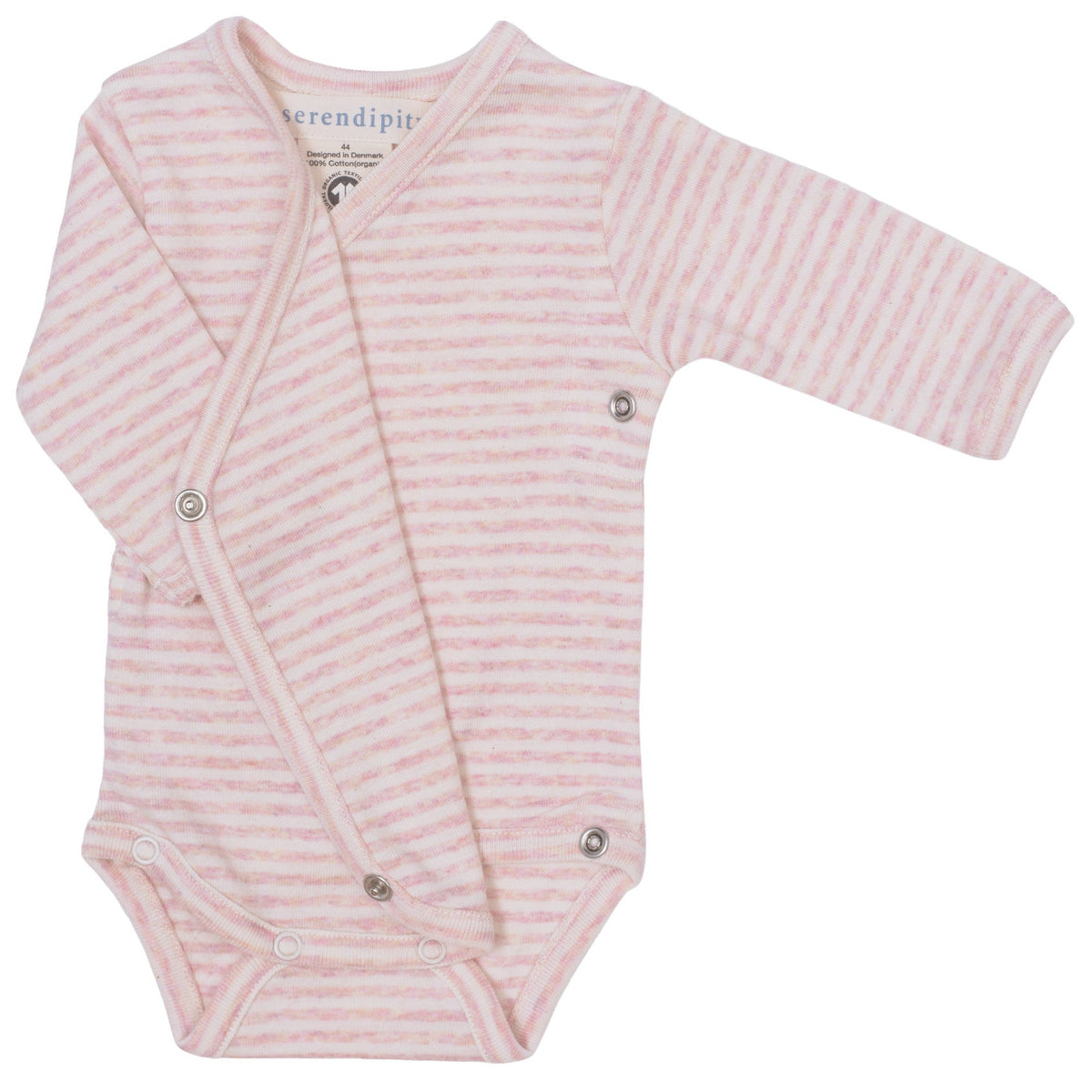 Serendipity’s Newborn Rib Stripe Body Wrap is a long-sleeve, pink and white striped body stocking crafted from organic cotton. With convenient snap buttons along the front and bottom for easy dressing, this GOTS-certified baby clothing choice is shown on a white background.