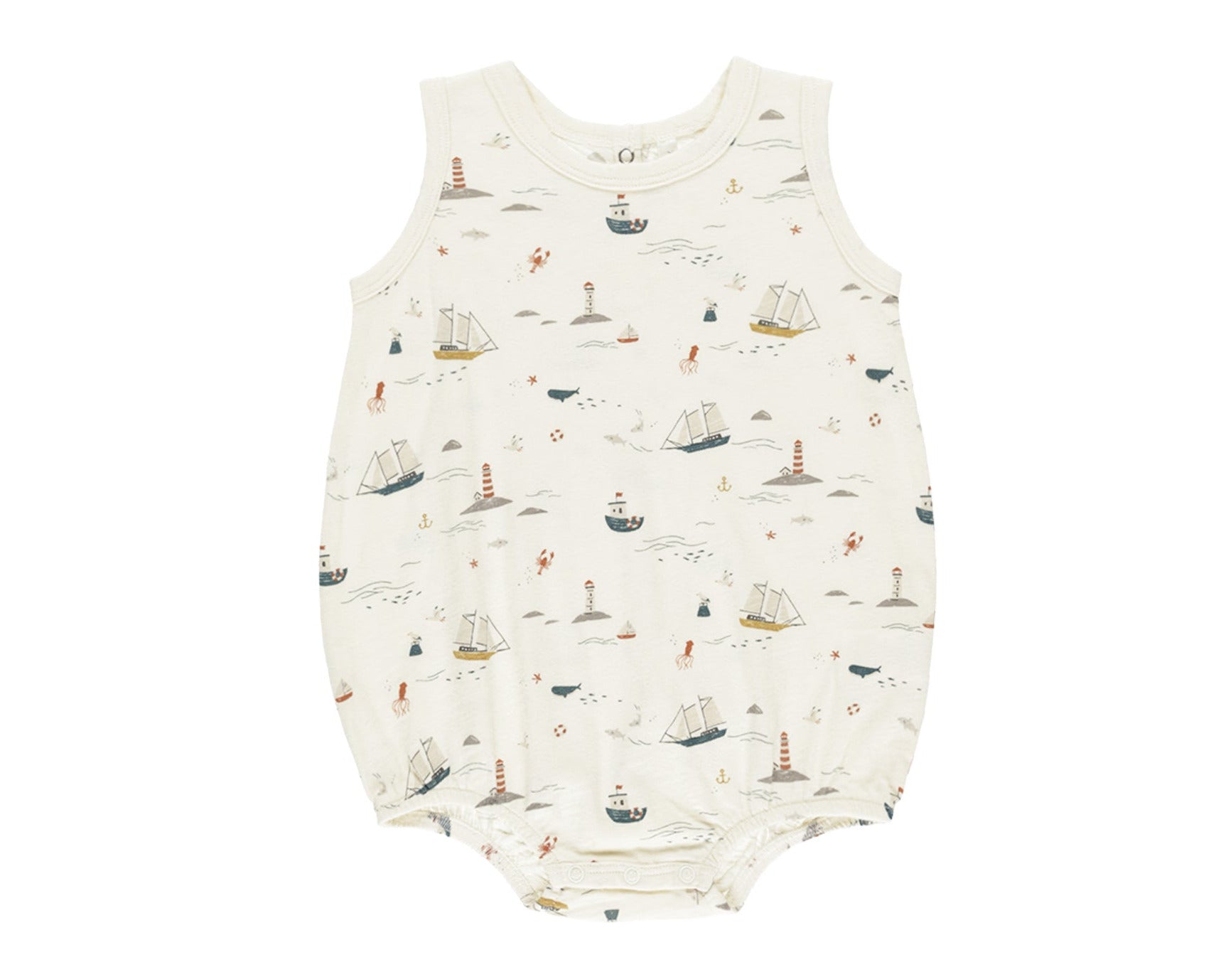 The Rylee & Cru Baby Boys' Bubble Onesie is made from soft cotton jersey, featuring a charming nautical print with ships, anchors, and lighthouses on a crisp white background.