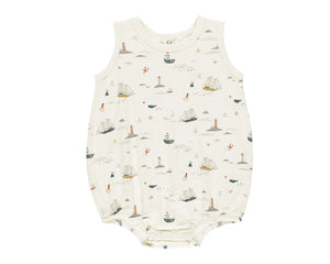The Rylee & Cru Baby Boys' Bubble Onesie is made from soft cotton jersey, featuring a charming nautical print with ships, anchors, and lighthouses on a crisp white background.