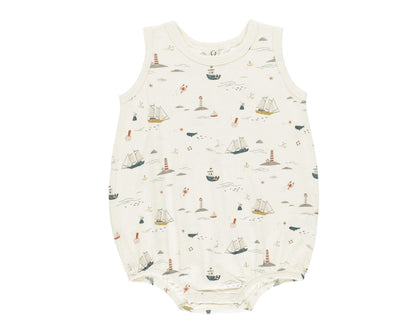 The Rylee & Cru Baby Boys' Bubble Onesie is made from soft cotton jersey, featuring a charming nautical print with ships, anchors, and lighthouses on a crisp white background.