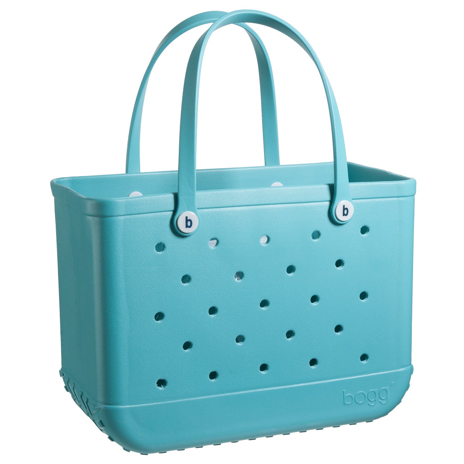 Image of a light blue plastic Original Bogg Bag with perforations and two handles. The bag features the brand name "Bogg Bags" embossed near the bottom and small circular buttons near the handle bases, showcasing its stylish yet washable design.