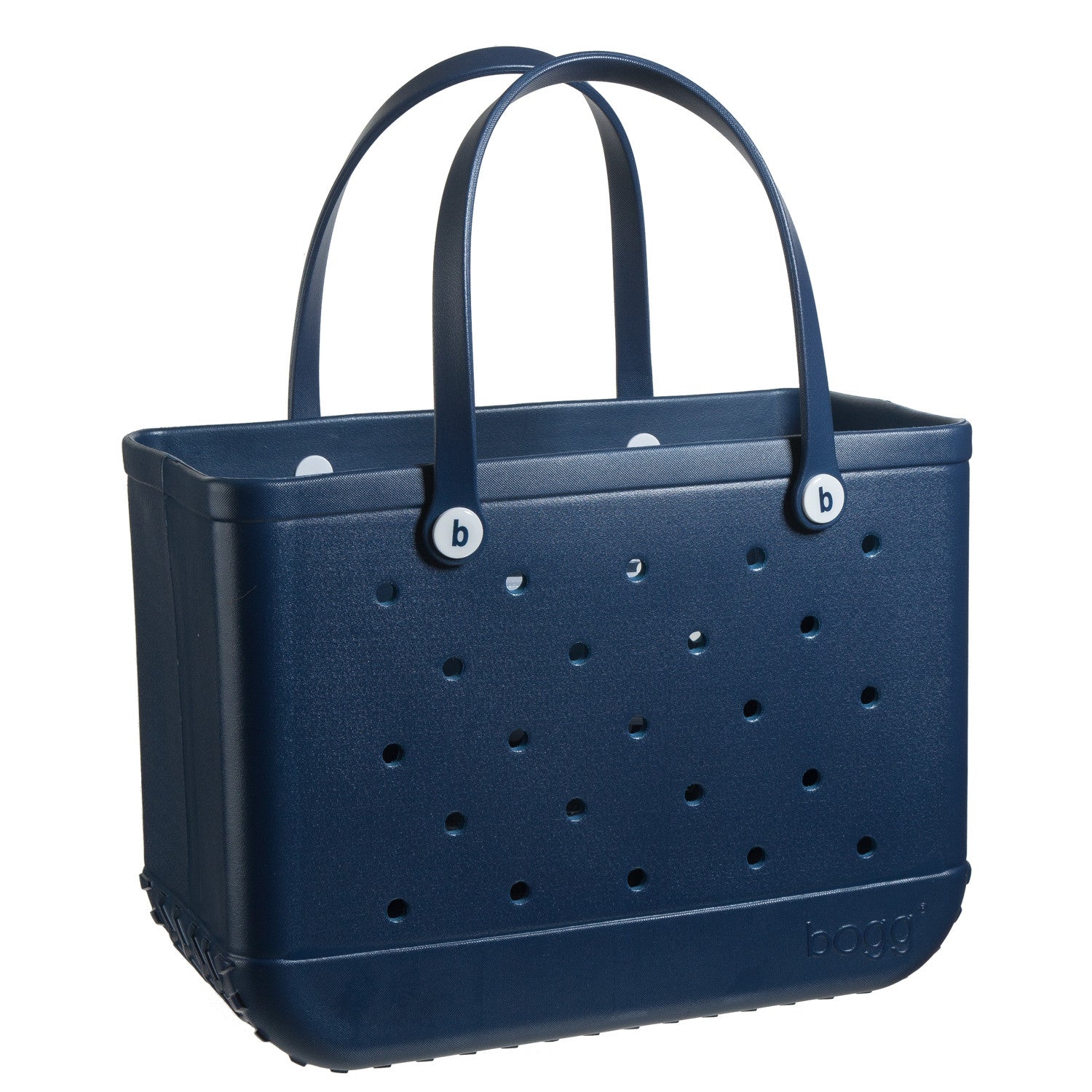 A navy blue Original Bogg Bag with perforations, featuring two handles and a rectangular shape. This durable tote by Bogg Bags boasts a washable design, perfect for everyday use.