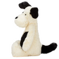 The Jellycat Bashful Black & White Puppy, Medium, a plush toy with white fur and black patches, sits upright facing left against a white background.