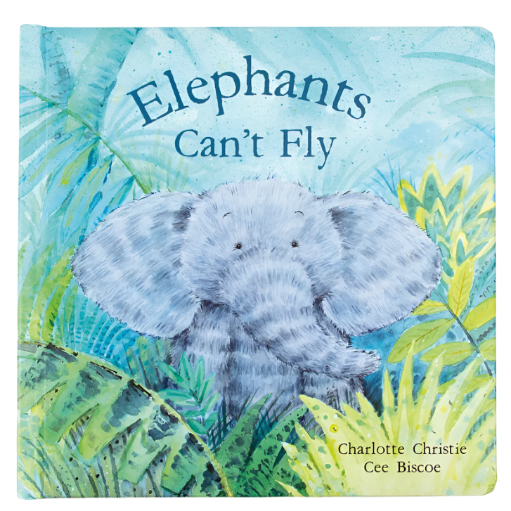 Elephants can't fly book from Jellycat. Blue elephant against a tropical rainforest background.