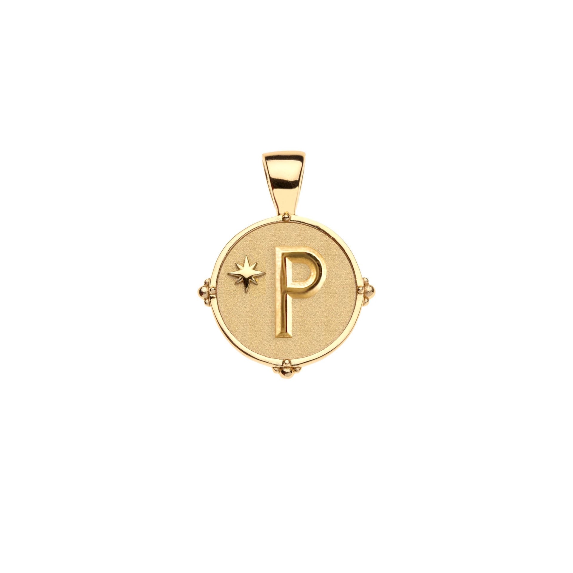 The Jane Win Letter Pendant Satellite Necklace Collection features a gold circular 14k pendant with a raised "P" and star, hanging from a delicate beaded satellite chain for a personalized touch.