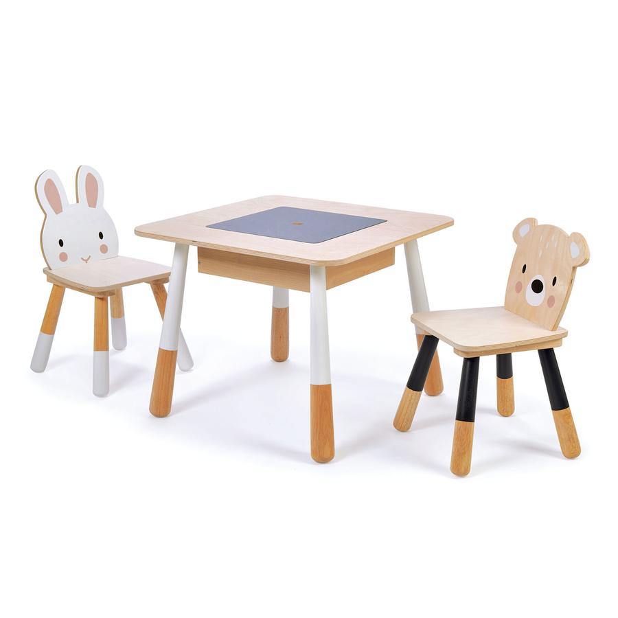 A Tenderleaf Forest Table and chairs with a bunny and a teddy bear, featuring stylish plywood table.