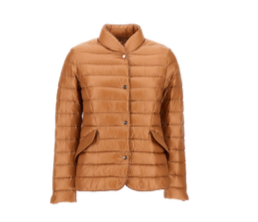 The Herno Nylon Ultralight Blazer is a light brown, quilted puffer jacket with injected down padding, snap buttons, long sleeves, and side pockets, shown on a plain white background.