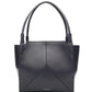 A Small Victoria Tote by Victoria Beckham in black smooth calf leather, featuring double handles, geometric stitching, and small gold text near the lower center, shown on a plain white background.