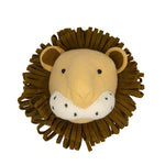 Plush Fiona Walker Sandy Lion Head with a tan face, white muzzle with embroidered details, and a surrounding mane made of brown fabric strips, perfect to decorate walls and bring animal friends into your space, isolated on a