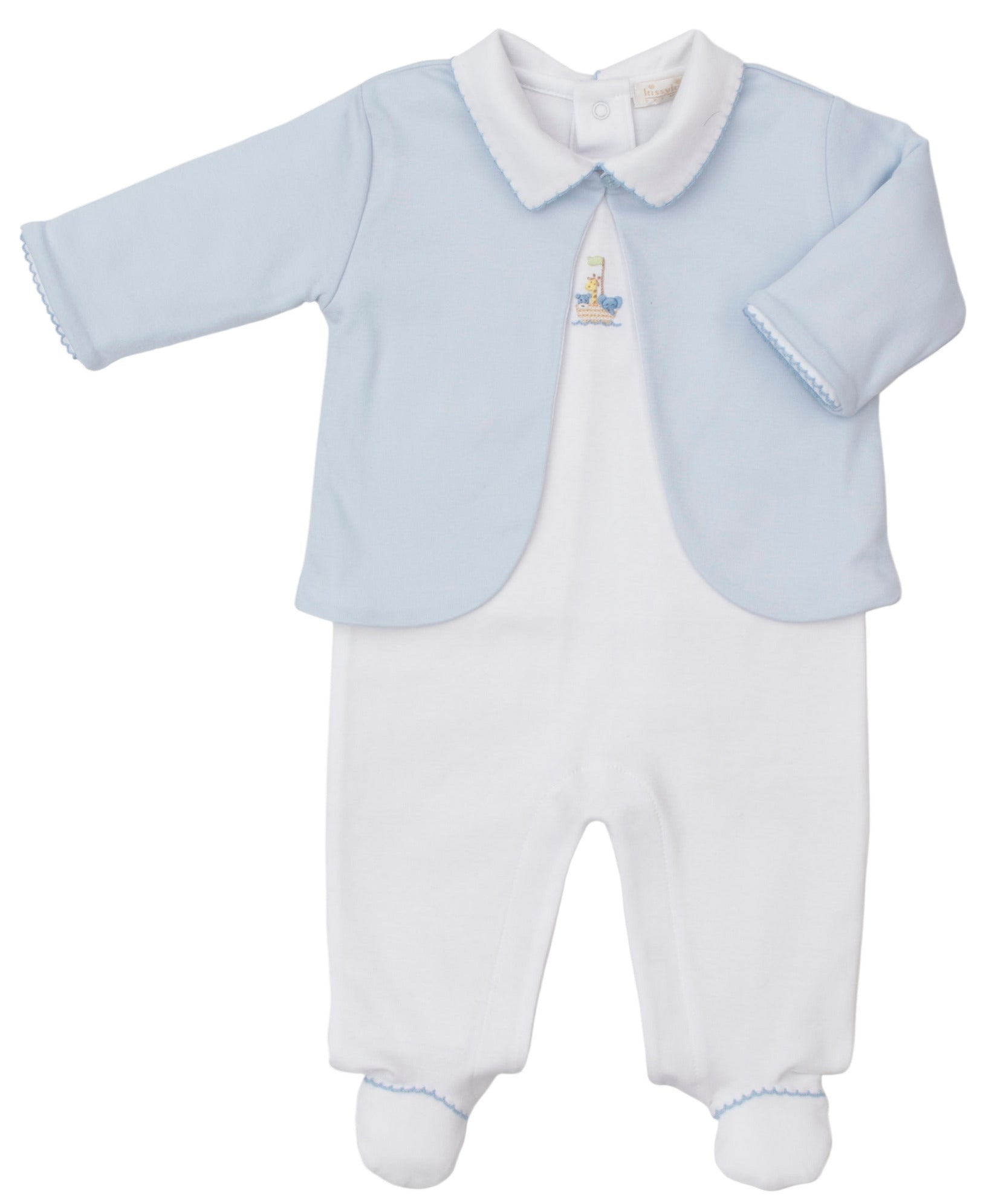 The Kissy Kissy Baby Premier Noah's Ark Footie with Jacket Set includes a white collared footie bodysuit crafted from soft Peruvian cotton, an attached light blue baby jacket, and a small embroidered chest design.