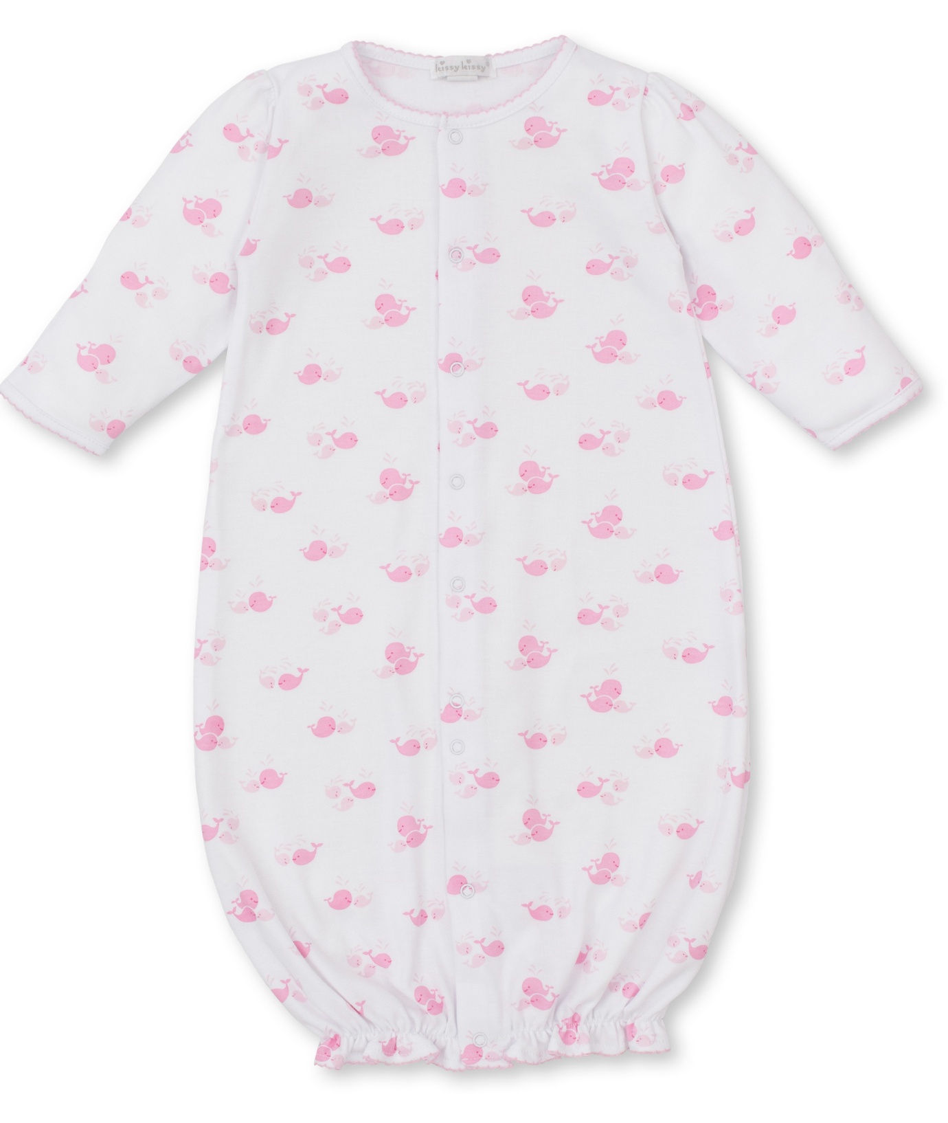 The Kissy Kissy Whale Wonder Printed Convertible Gown features soft Pima cotton, long sleeves, front button closure, a charming whale print, and an elasticized bottom hem for easy changes—perfect comfort for your little one.