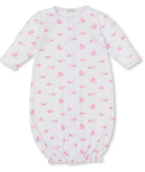 The Kissy Kissy Whale Wonder Printed Convertible Gown features soft Pima cotton, long sleeves, front button closure, a charming whale print, and an elasticized bottom hem for easy changes—perfect comfort for your little one.