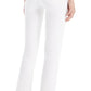 The woman is wearing Mother white jeans with a frayed hem.