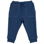 Navy blue Baby and Kids’ Jogger Pant by Angel Dear, crafted from cozy knit fabric with front pockets, visible stitching, a drawstring waistband, and cuffed ankles—these jogger pants are laid flat on a white background.