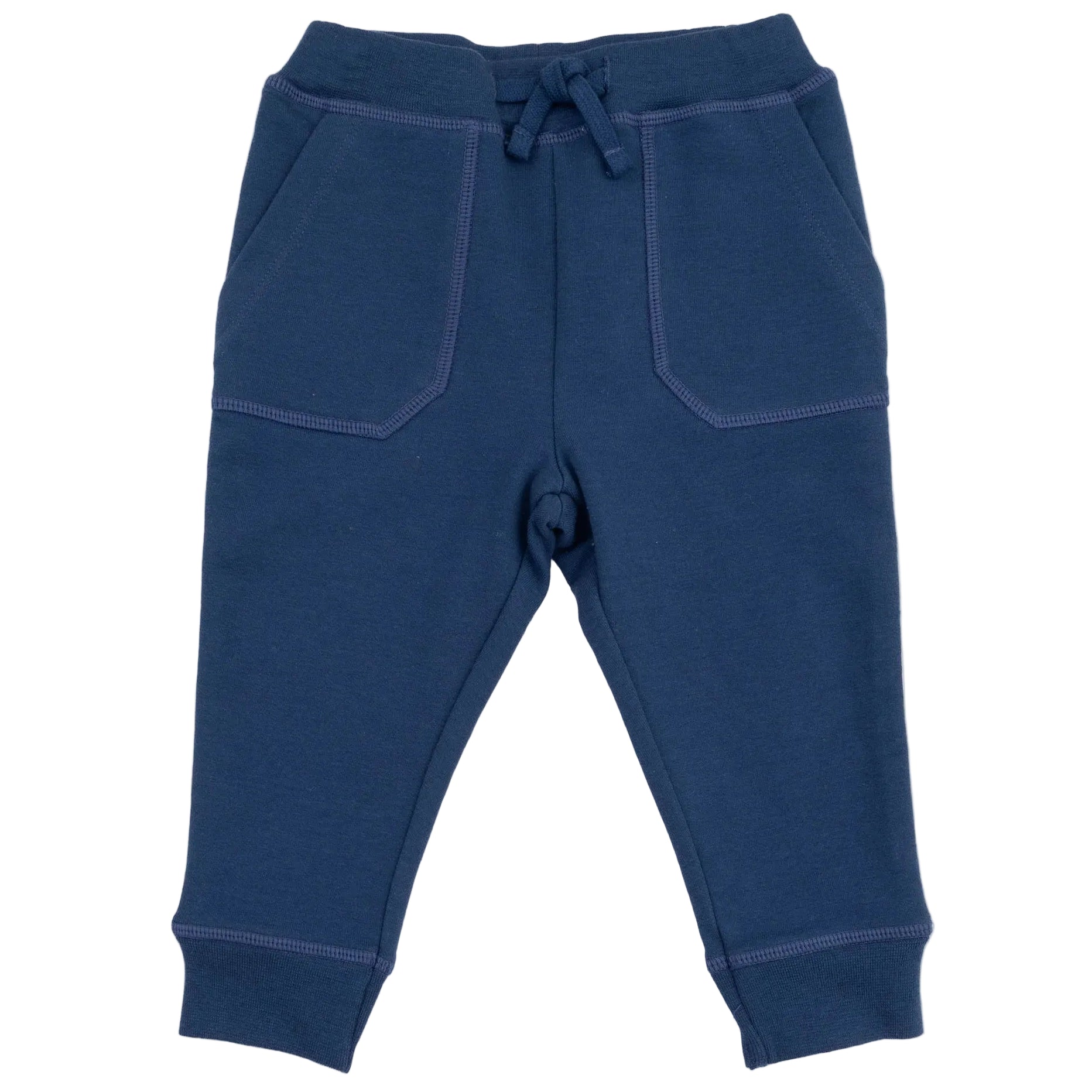 Navy blue Baby and Kids’ Jogger Pant by Angel Dear, crafted from cozy knit fabric with front pockets, visible stitching, a drawstring waistband, and cuffed ankles—these jogger pants are laid flat on a white background.