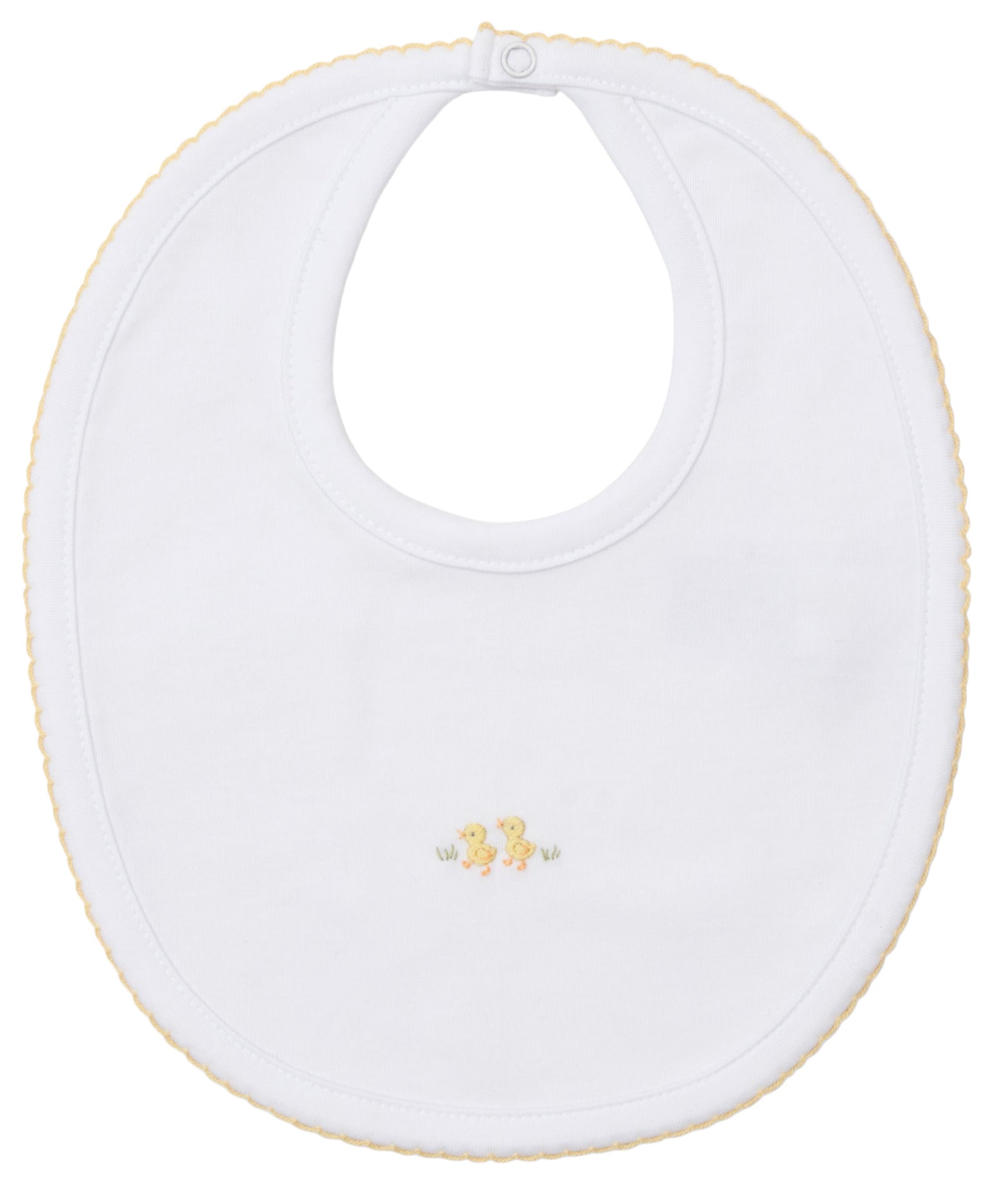 The Kissy Kissy Premier Baby Duckling Bib with Hand Emb. is made from white Pima cotton, featuring yellow trim and two embroidered yellow ducks at the center. A snap closure keeps your baby comfortable and protects from messes.