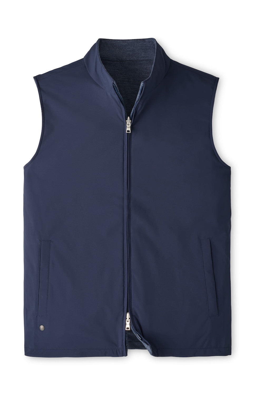 A water-resistant, navy blue reversible zip-front Ryder Reversible Vest by Peter Millar.