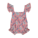 Baby Girls' Chloe Romper by Mer: A pink one-piece romper featuring ruffled flutter sleeves and a white and blue floral pattern, shown against a plain white background.
