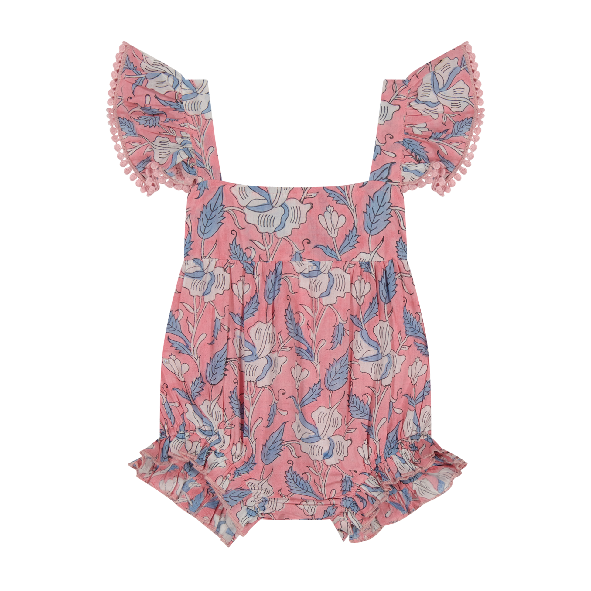 Baby Girls' Chloe Romper by Mer: A pink one-piece romper featuring ruffled flutter sleeves and a white and blue floral pattern, shown against a plain white background.