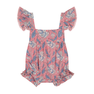 Baby Girls' Chloe Romper by Mer: A pink one-piece romper featuring ruffled flutter sleeves and a white and blue floral pattern, shown against a plain white background.