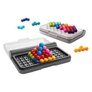 The Smart Games IQ Puzzler Pro is a brain-teasing game with colorful ball pieces, pyramid-shaped challenges, and extra 3D puzzles inside a dual-case design for endless fun.