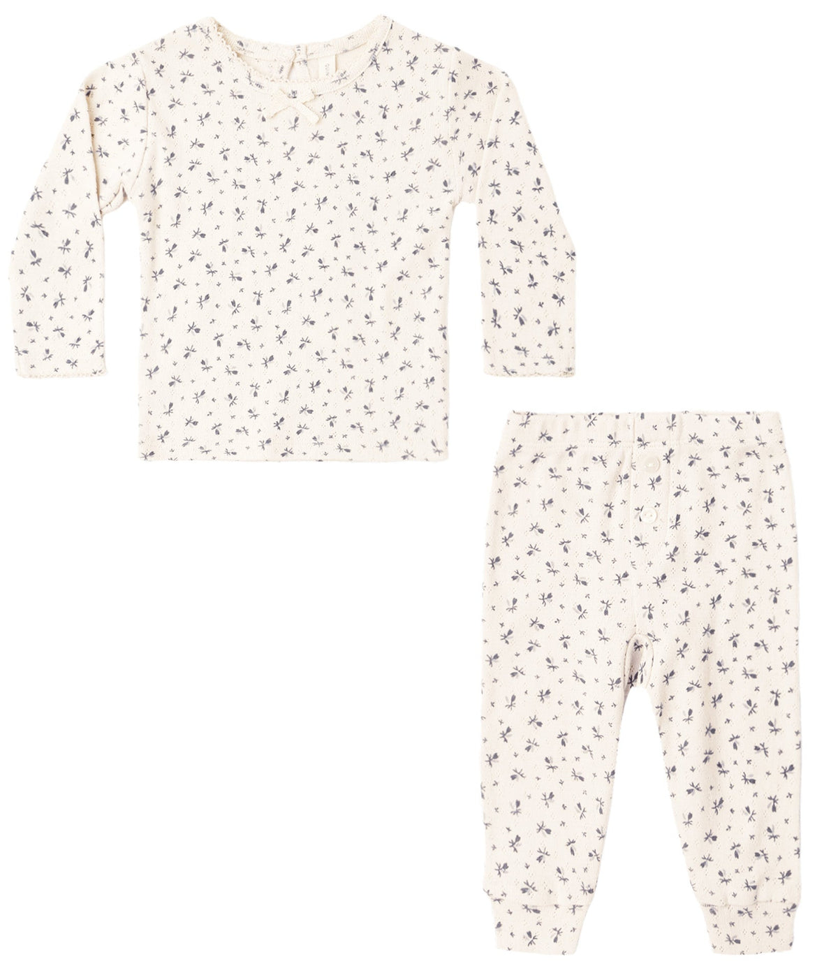 The Quincy Mae Baby Girls’ Pointelle Long Sleeve Tee + Legging set includes a long sleeve top and matching leggings in white pointelle fabric featuring a delicate gray floral pattern.