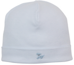 The Premier Puppy Paws Hand Emb. Striped Hat by Kissy Kissy is a white ribbed baby beanie crafted from soft Pima cotton, adorned with a small blue hand-embroidered puppy on the front fold, photographed in the signature Kissy Kissy style against a plain background.
