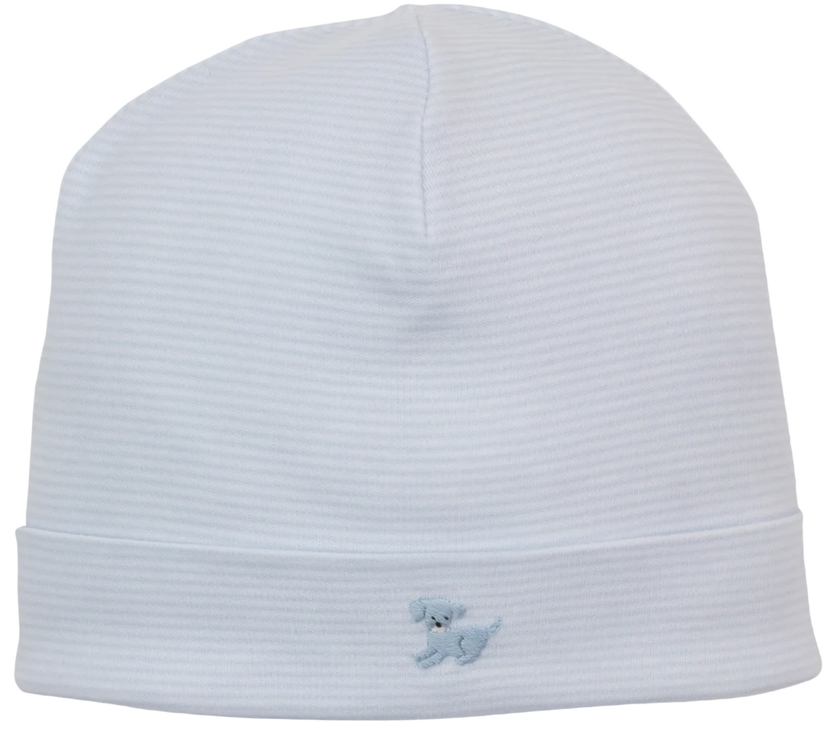 The Premier Puppy Paws Hand Emb. Striped Hat by Kissy Kissy is a white ribbed baby beanie crafted from soft Pima cotton, adorned with a small blue hand-embroidered puppy on the front fold, photographed in the signature Kissy Kissy style against a plain background.