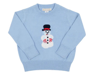 The Beaufort Bonnet Company's Baby Boys' and Boys' Isaacs Intarsia Sweater features a cheerful snowman with a black hat and red scarf knit on the front.