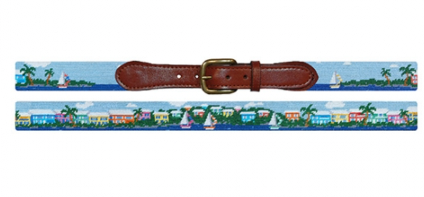 Smathers & Branson Island Time Belt, featuring a colorful seaside village pattern with palm trees and sailboats, complemented by a brown leather buckle.