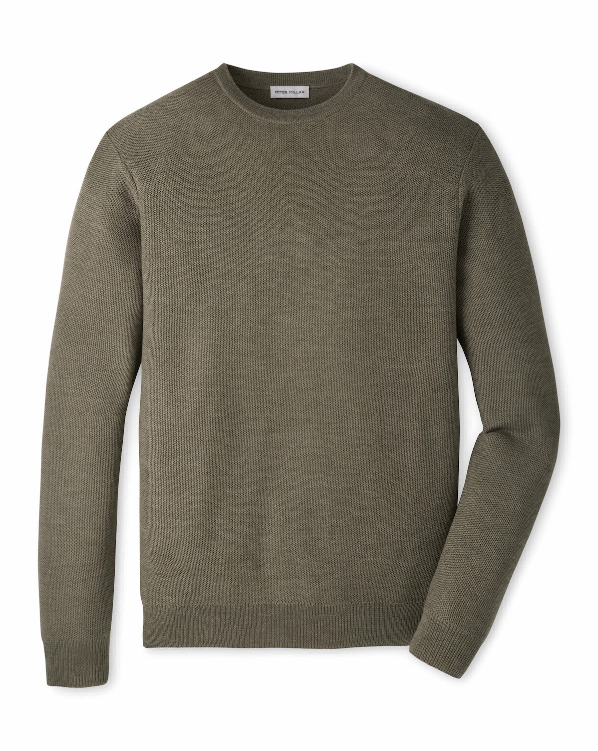 Peter Millar Autumn Crest Honeycomb Crewneck Sweater in an olive green, long-sleeved, 12-gauge honeycomb knit texture.