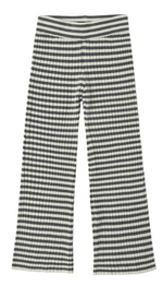 The Girls’ Flare Rib Knit Pant by Rylee & Cru features a flattering wide-leg silhouette with thin, alternating black and white horizontal stripes throughout. Designed with a black and white striped elastic waistband, these pants are laid flat on a white background to showcase their stylish flare shape.