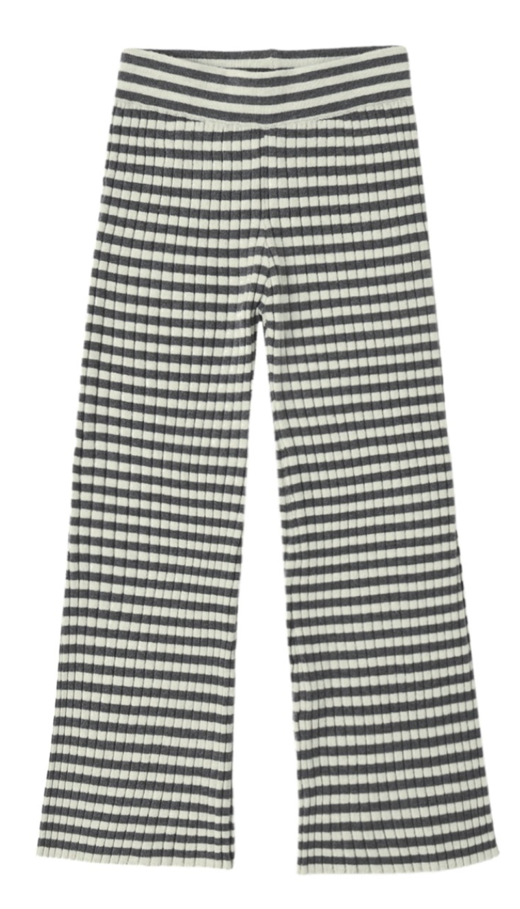 The Girls’ Flare Rib Knit Pant by Rylee & Cru features a flattering wide-leg silhouette with thin, alternating black and white horizontal stripes throughout. Designed with a black and white striped elastic waistband, these pants are laid flat on a white background to showcase their stylish flare shape.
