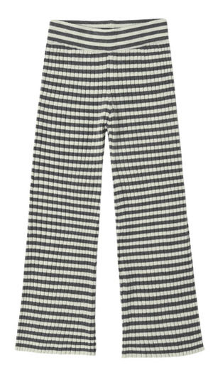 The Girls’ Flare Rib Knit Pant by Rylee & Cru features a flattering wide-leg silhouette with thin, alternating black and white horizontal stripes throughout. Designed with a black and white striped elastic waistband, these pants are laid flat on a white background to showcase their stylish flare shape.