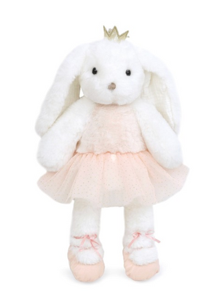 Ashley Ballerina Bunny by Mon Ami is a plush bunny with premium fur, dressed in a pink tutu and matching ballerina slippers, topped with a small gold crown, and stands upright against a plain white background.
