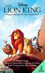 Cover of Yoto Card: The Lion King – The Songs by Yoto, featuring Simba, Nala, Timon, Pumbaa, and Rafiki standing on Pride Rock against a blue sky. Includes songs by Elton John and Tim Rice and highlights the acclaimed Hans Zimmer score that brings the story to life.
