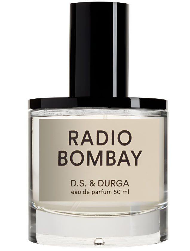 The 50 ml "Radio Bombay" by D.S. & Durga is a clear glass eau de parfum with a black cap, evoking transistor radio nostalgia infused with warming sandalwood and musk for depth.