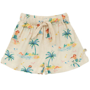 The Arsene & Les Pipelettes Baby Girls' Pipelettes Foucauld Short features an elastic waistband, drawstring, and exclusive colorful tropical print—palm trees, water, and small figures. Perfect for summer adventures.