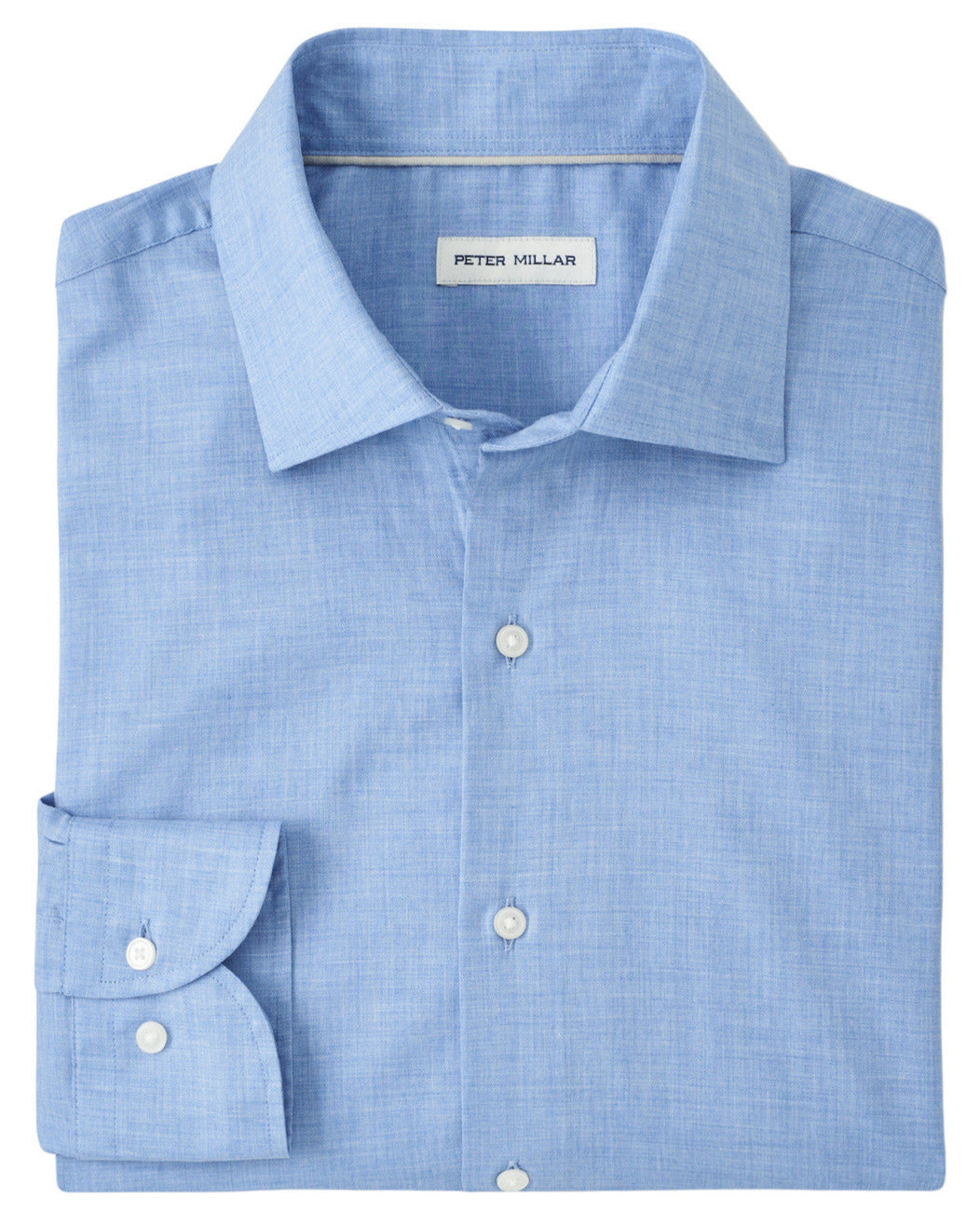 A neatly folded Highlands Soft Twill Cotton Sport Shirt in light blue with a spread collar and a visible Peter Millar label.
